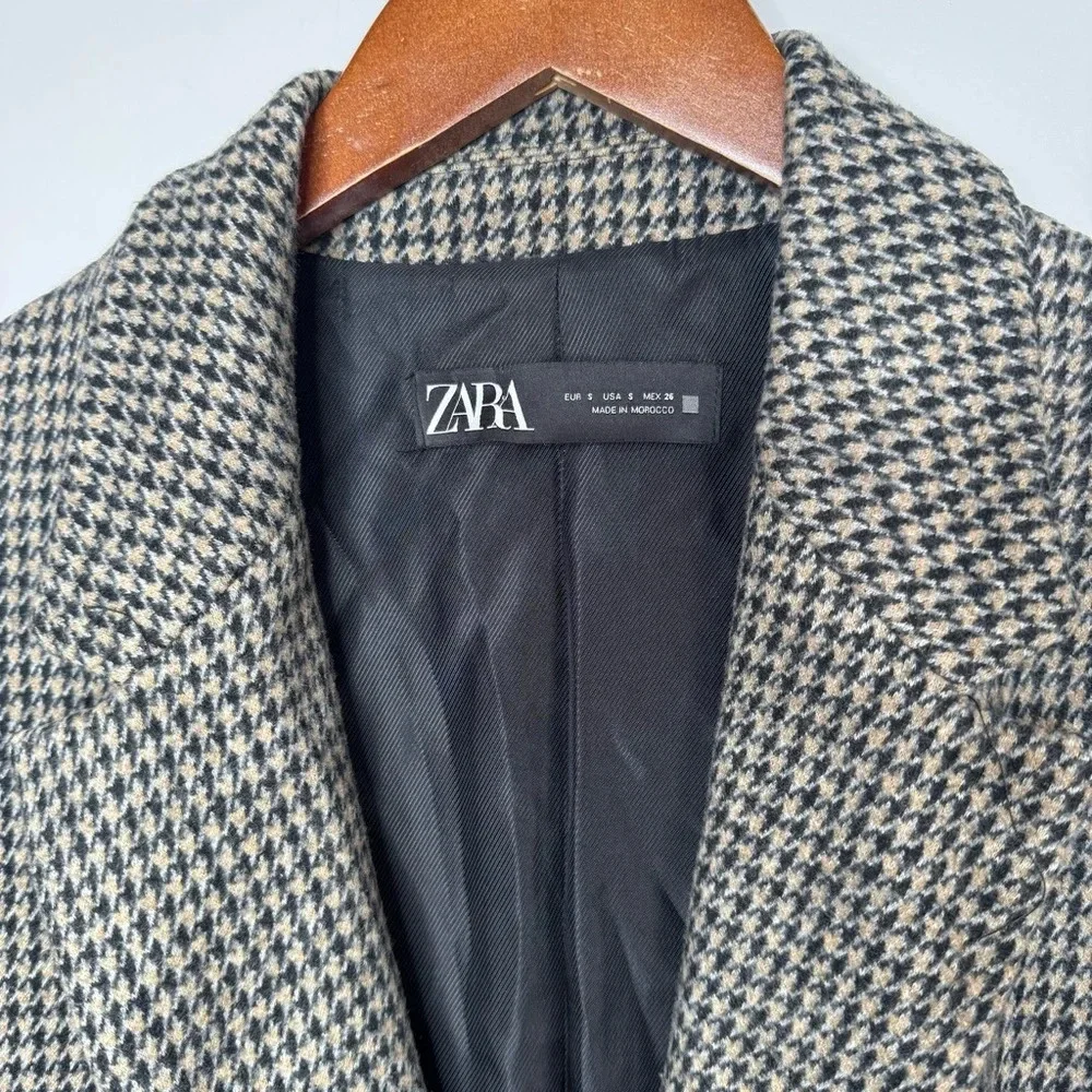 Zara Micro Check Cotton Blend Houndstooth One Button Longline Car‎ Coat Blazer